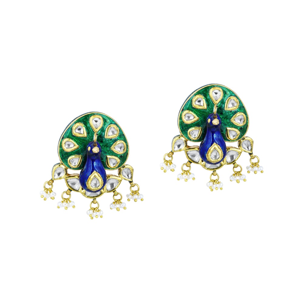 Peacock Motif Polki Earrings with Enamel and Pearls Cluster